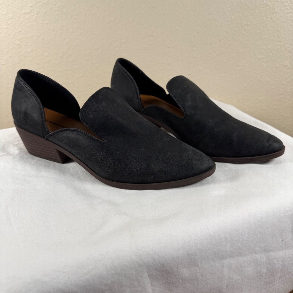 Lucky Brand Mizina Black d'Orsay Pointed Toe Loafers Stacked Heel Shoes 9M